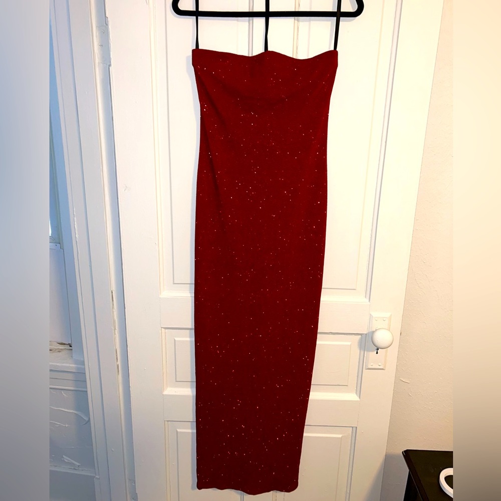 LONG RED SEQUIN STRAPLESS PATRA DRESS